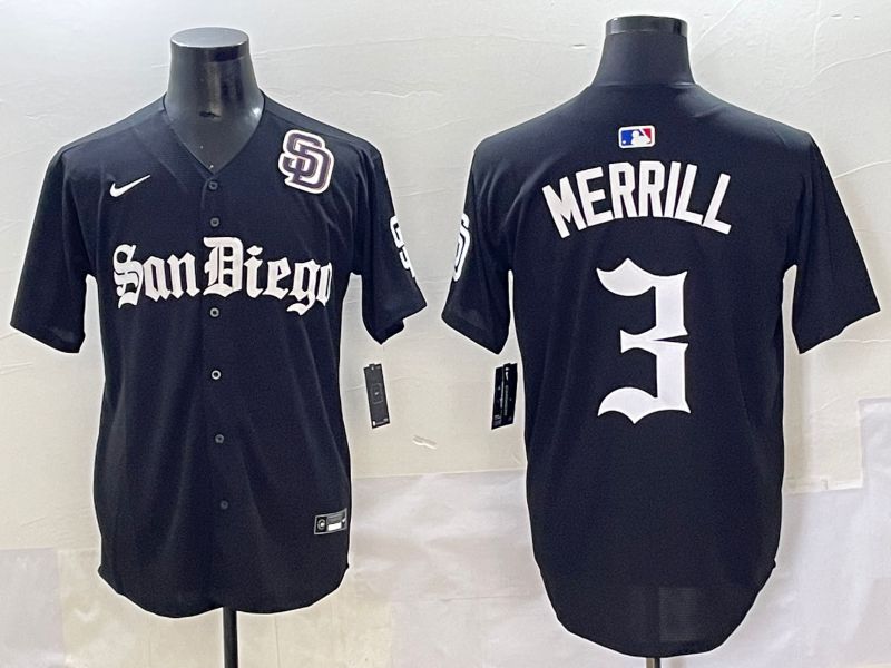 Men 2025 San Diego Padres #3 Merrill Black Five generations Joint Name Nike MLB Jersey style 13->san diego padres->MLB Jersey